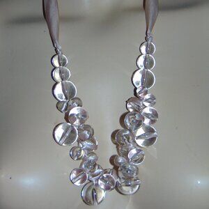 Pink Blush Ribbon Statement Necklace with Clear Large Glass Bead Clusters